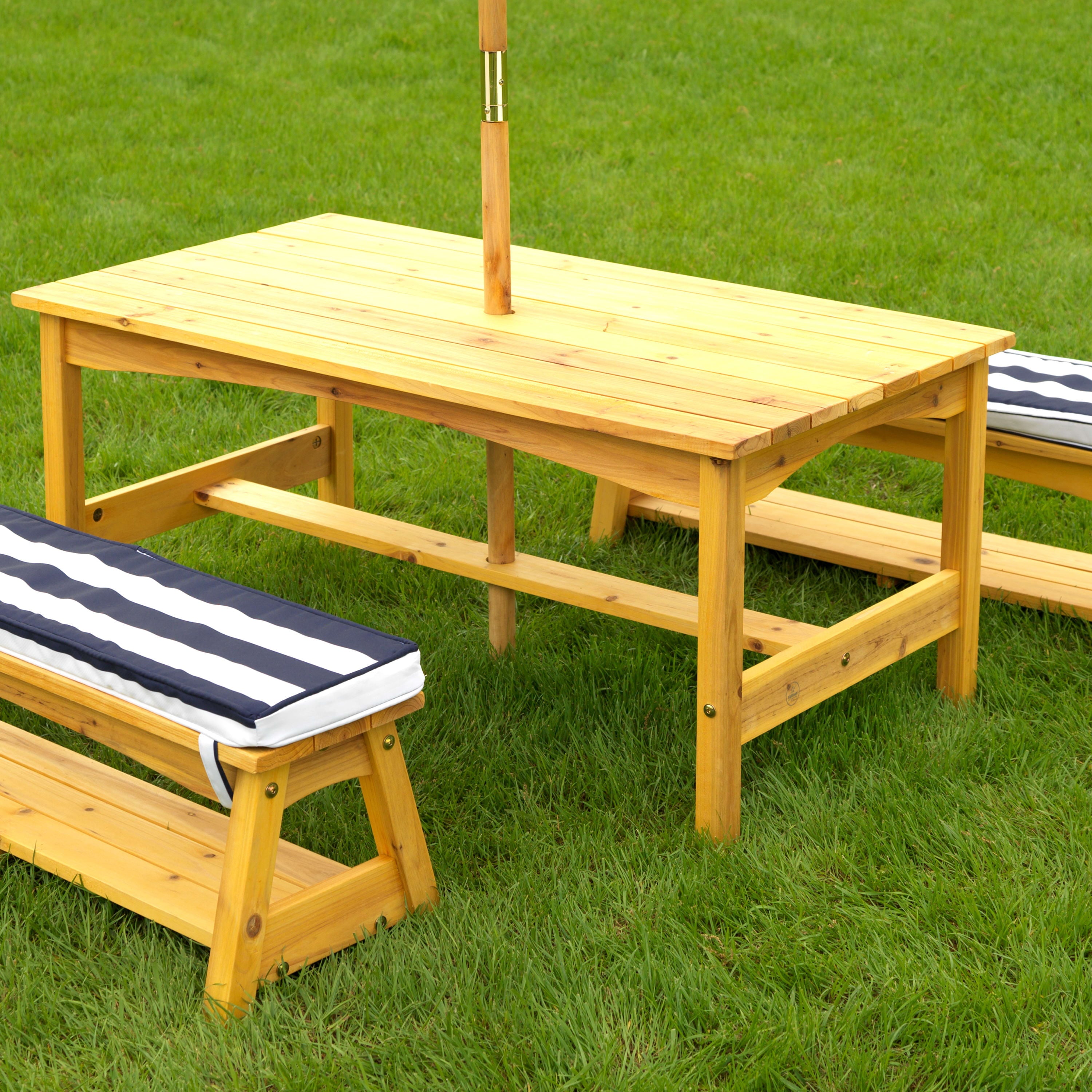 KidKraft Outdoor Wooden Table & Benches with Cushions & Umbrella, Navy