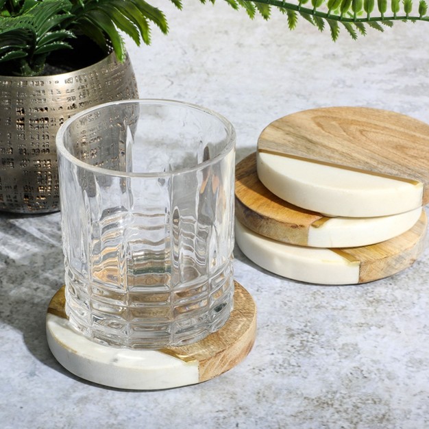 Laurie Gates White Marble And Mango Wood Round 4 Piece Coaster Set