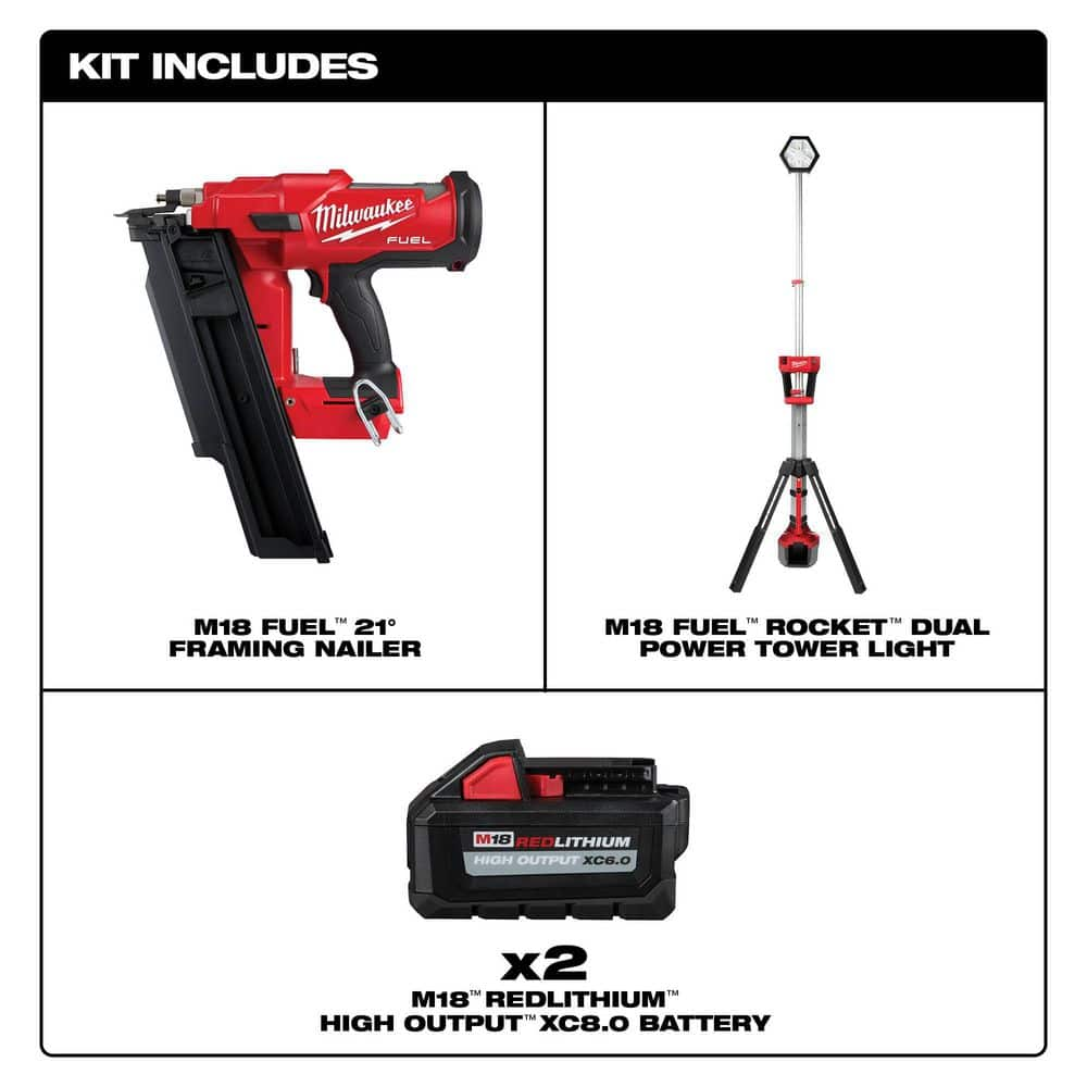 Milwaukee M18 FUEL 3-1/2 in. 18-Volt 21-Degree Lithium-Ion Brushless Cordless Nailer w/Tower Light, Two 6Ah HO Batteries 2744-20-2131-20-48-11-1862