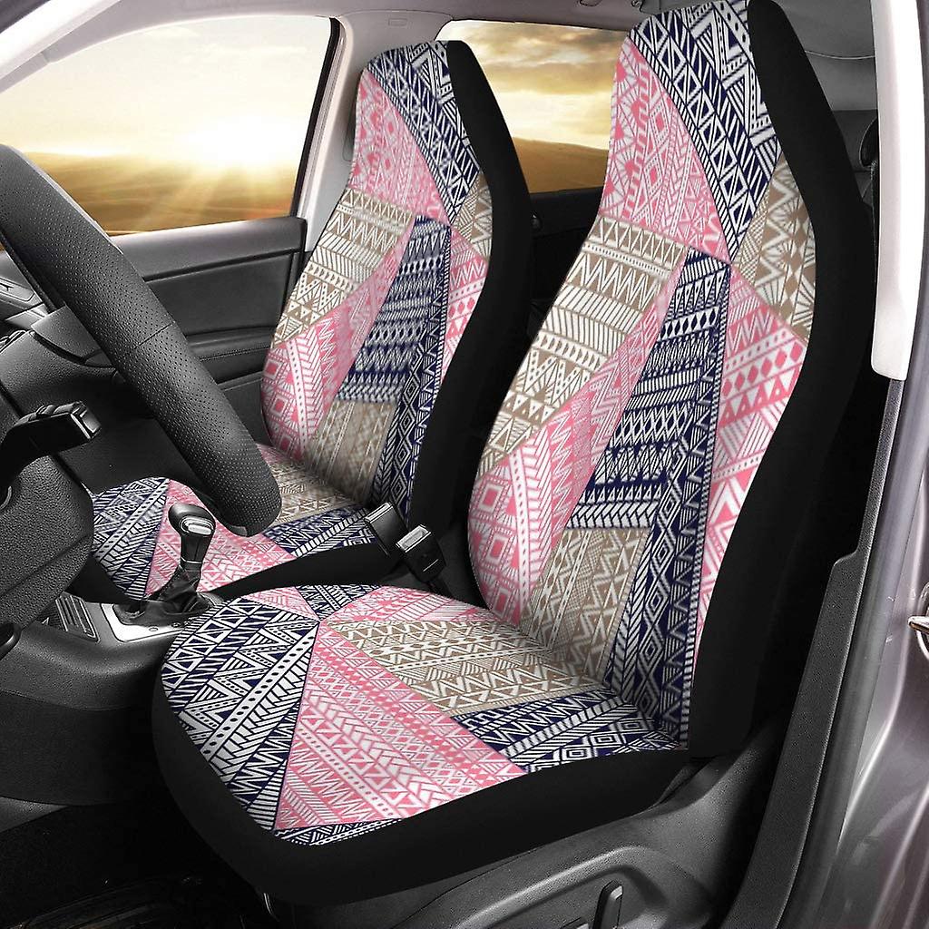 Set Of 2 Car Seat Covers Geometric Patchwork And Tribal Motifs Drawn Blue Gray Universal Auto Front Seats Protector Fits
