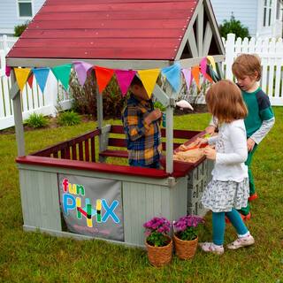 Funphix Hangout Hut Kids Outdoor Wooden Playhouse with Sandbox and Tic Tac Toe WPHX-2201