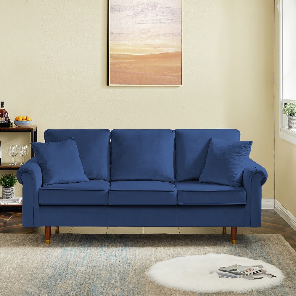 Velvet Sofa Couch with 2 Pillows  Modern 3 Seater Sofa With Wood Legs for Living Room and Bedroom .