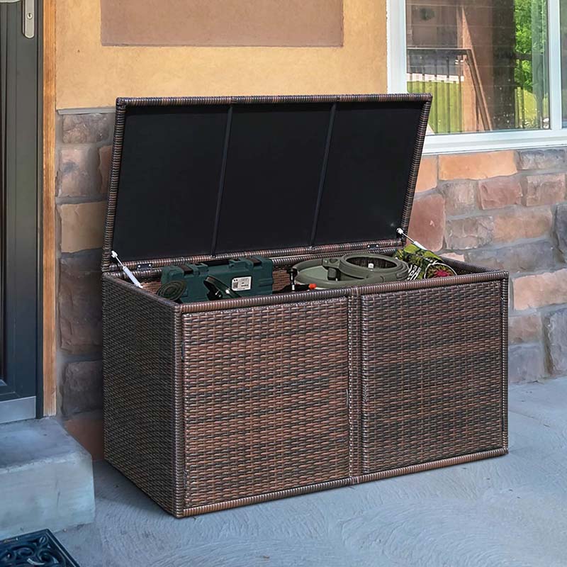 88 Gallon Patio Wicker Storage Box Rattan Deck Bench with Openable Door