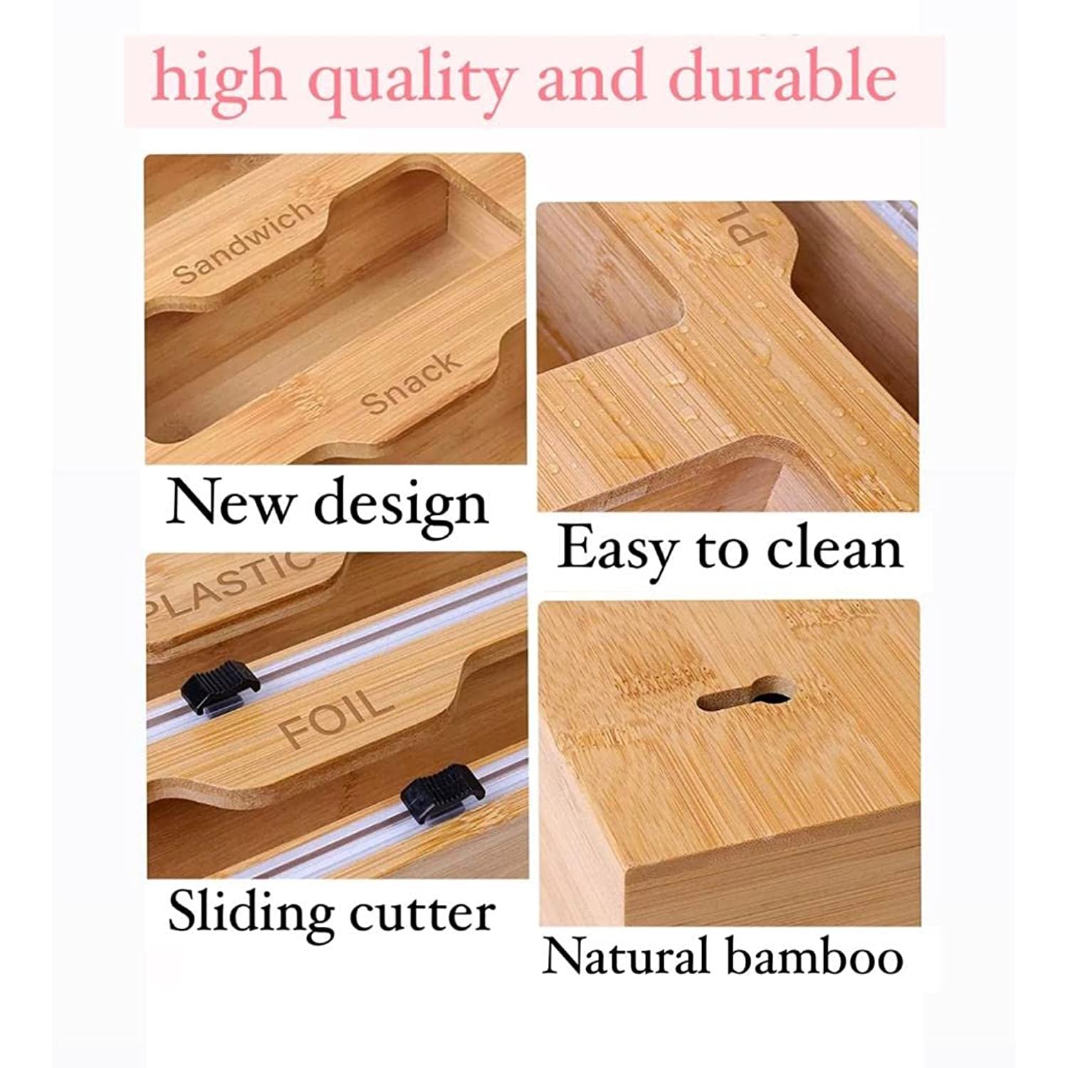 6 in 1 Bamboo ziplock bag organizer storage for kitchen drawer wall with foil and plastic