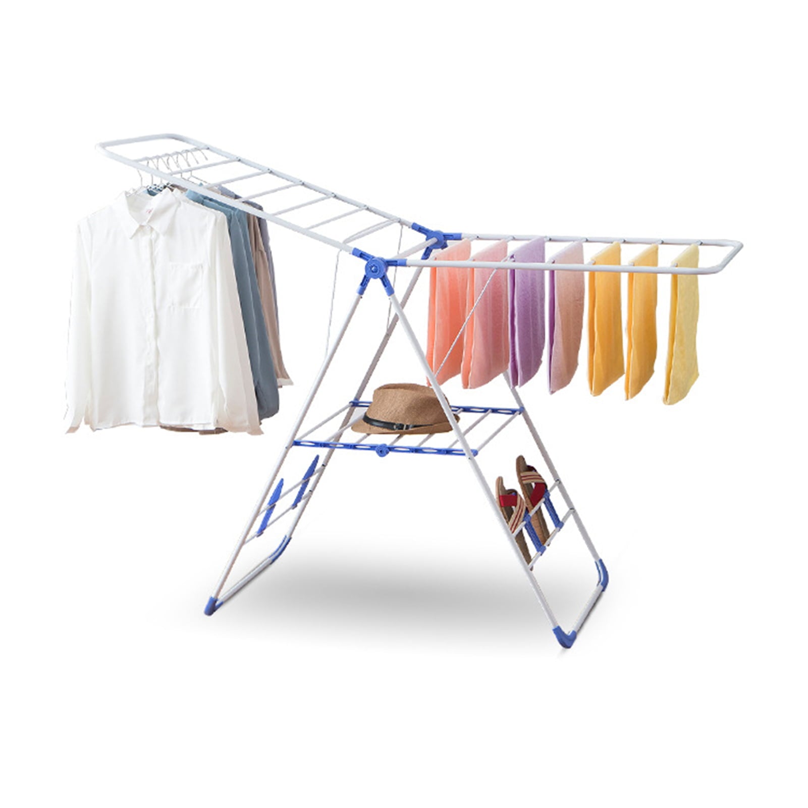 Delaman Foldable Clothes Drying Rack Metal Space-Saving Laundry Clothes Dryer Hanger Heavy Duty 2-Level Stable Indoor Airer, White & Blue