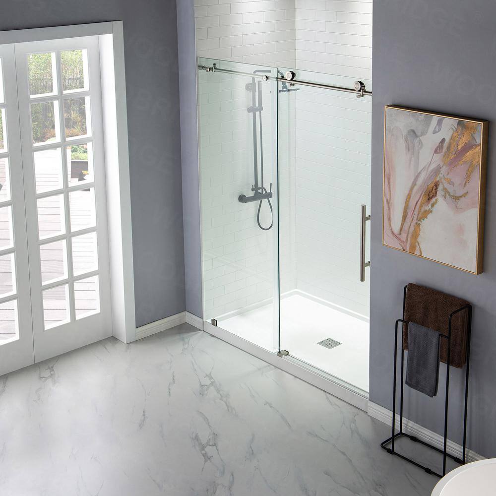 WOODBRIDGE Fleggburgh 56 in. to 60 in. x 76 in. Frameless Sliding Shower Door with Shatter Retention Glass in Brushed Nickel HSD3619