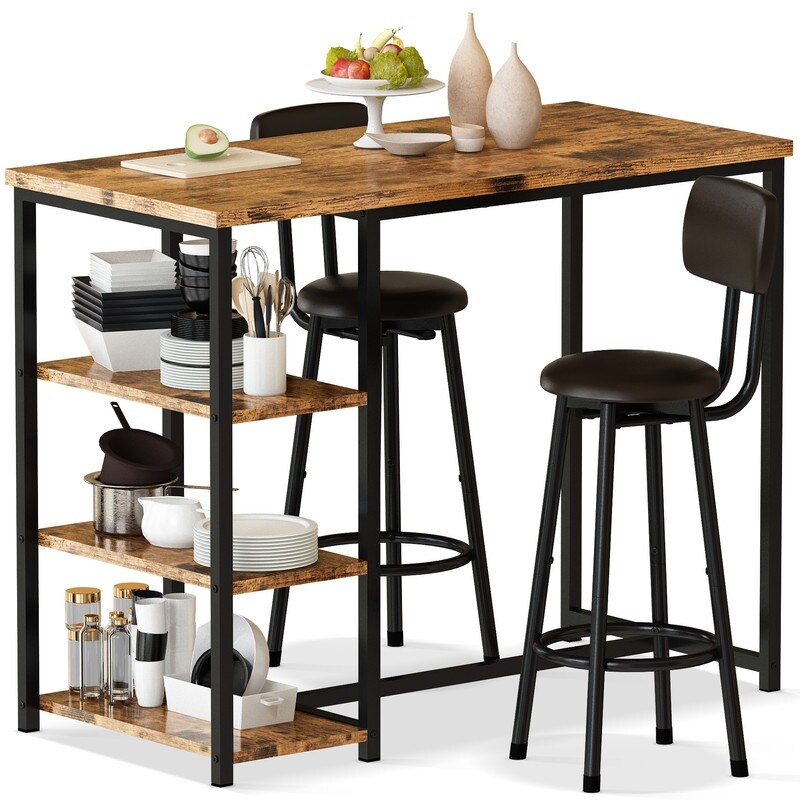 3 Pieces Industrial Bar Table Set  Counter Height Kitchen Pub Table Set with 3 Storage Shelves and Upholstered Stools