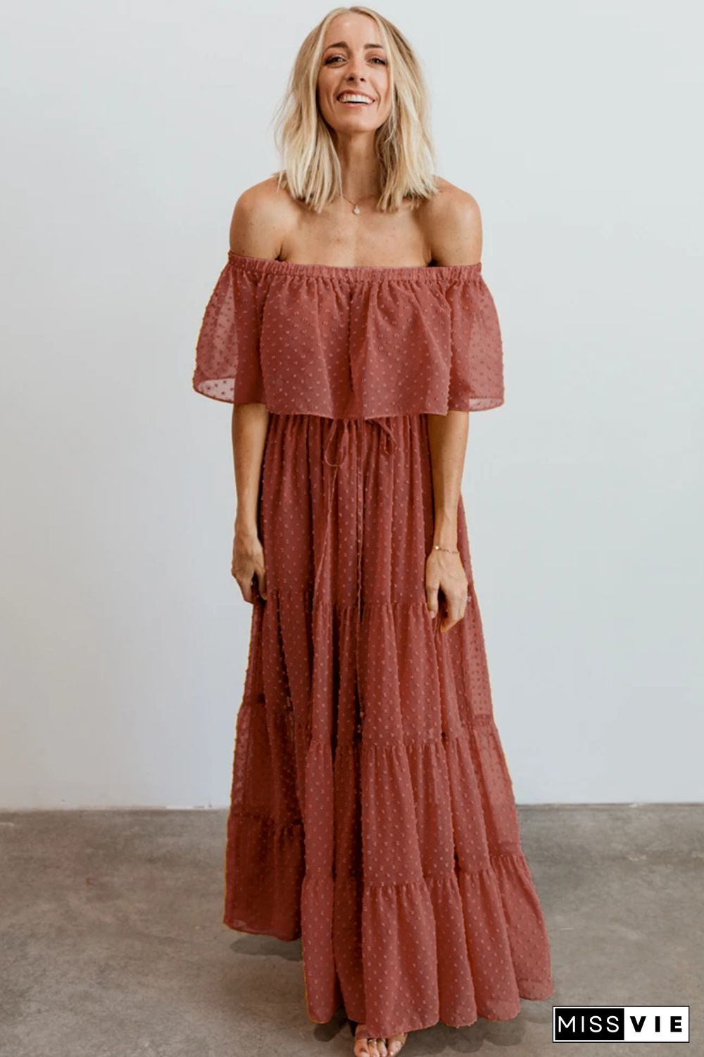 Rust Red Off Shoulder Ruffle Swiss Dot Maxi Dress