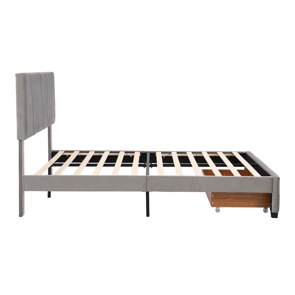 Modern Queen Size Upholstery Platform Bed with One Drawer