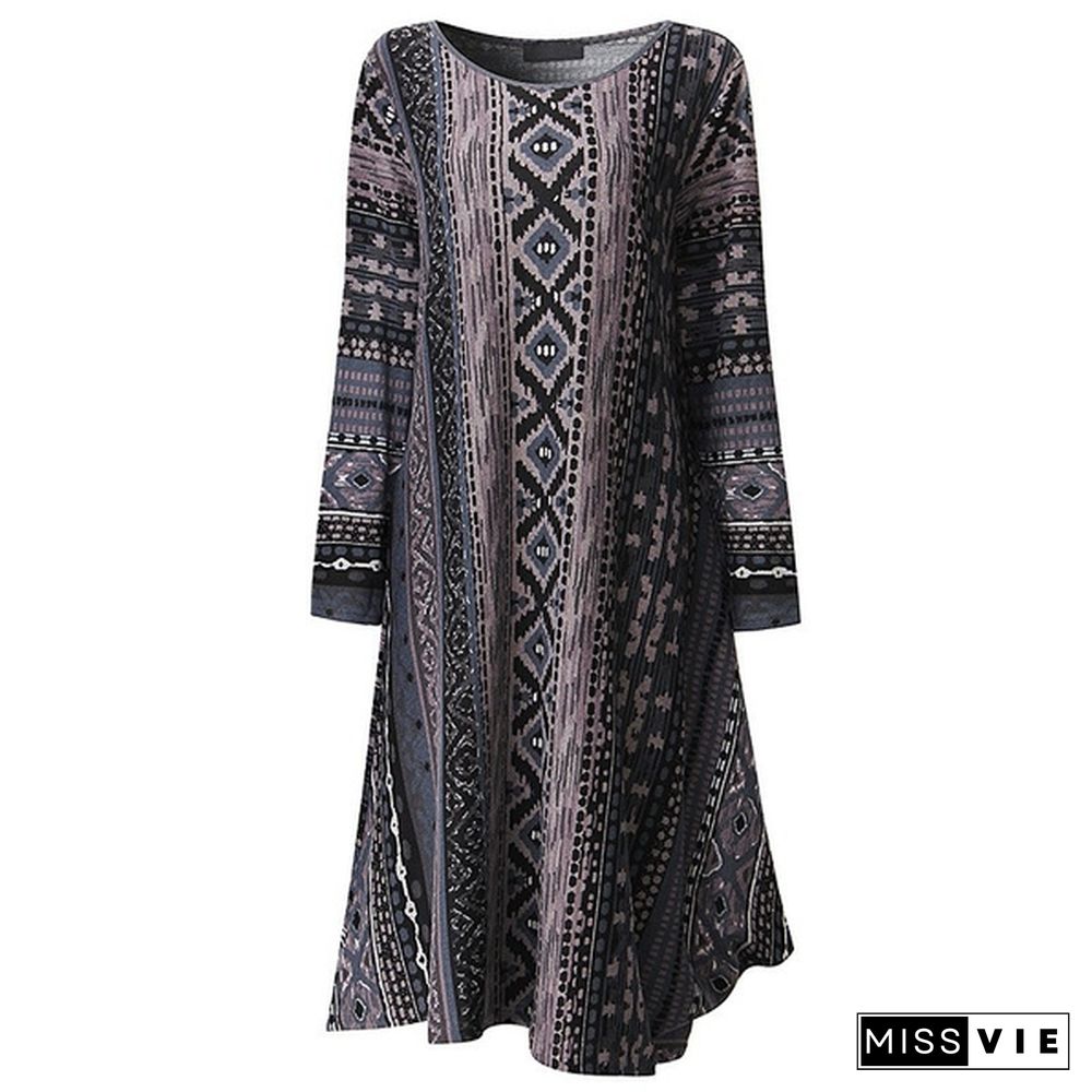 S-5XL Women Boho Floral Casual Baggy Long Sleeve Top Shirt Dress Kaftan