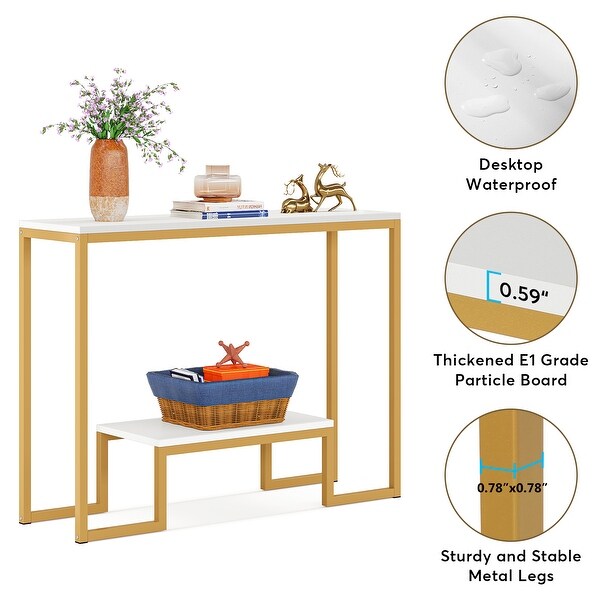 White/ Gold Faux Marble 2-Tier Console Accent Table with Open Storage Shelf， Mid -century Modern Entraway Table