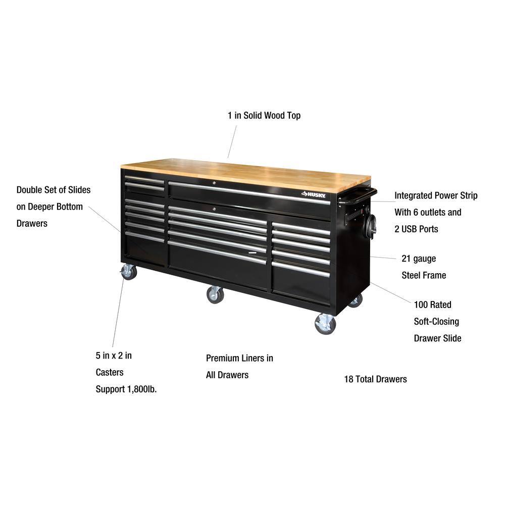 Husky 72 in. W x 24 in. D Standard Duty 18-Drawer Mobile Workbench Tool Chest with Solid Wood Top in Gloss Black HOTC7218B12M