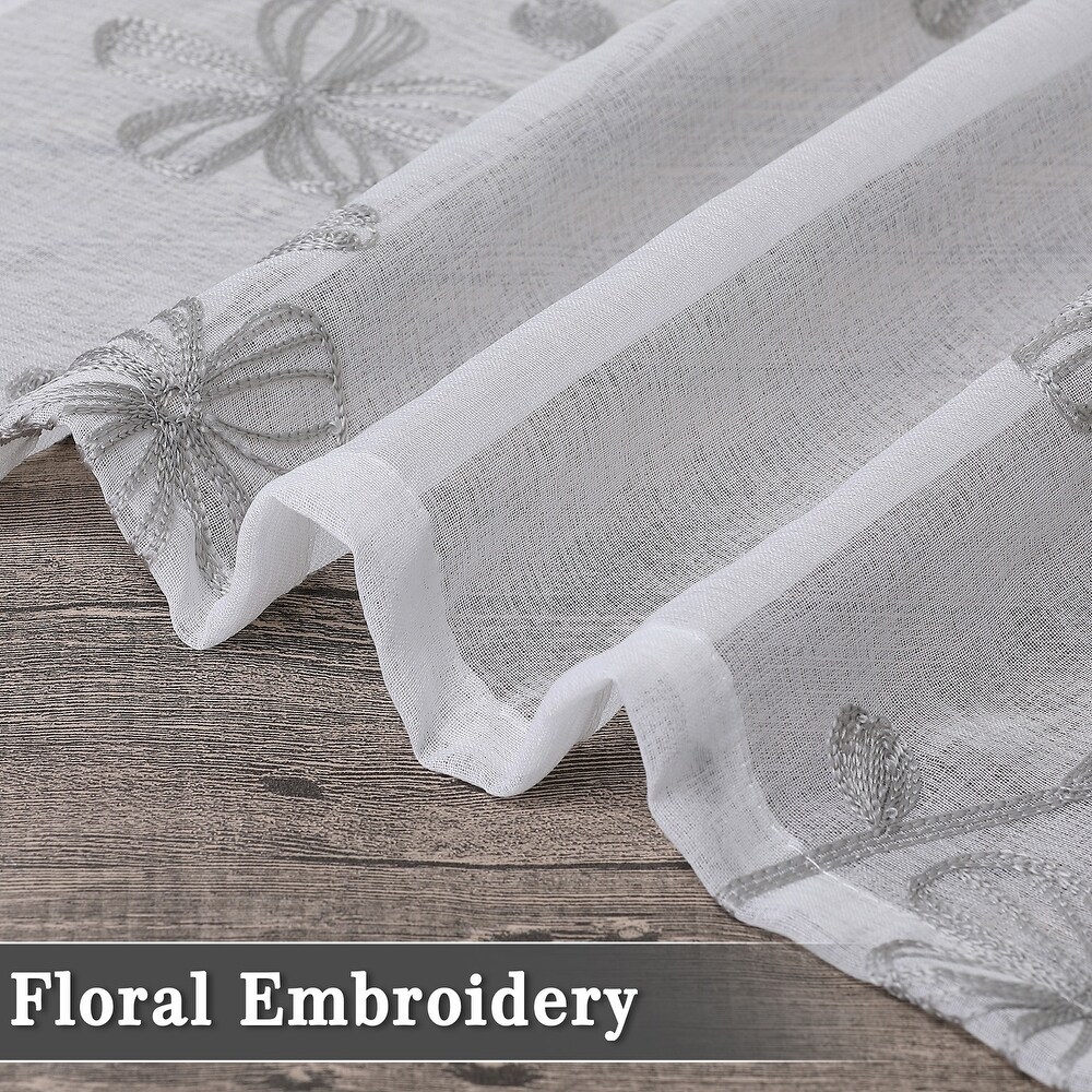 Sheer Kitchen Tier Curtains  Floral Embroidered Semi Sheer Short Curtain