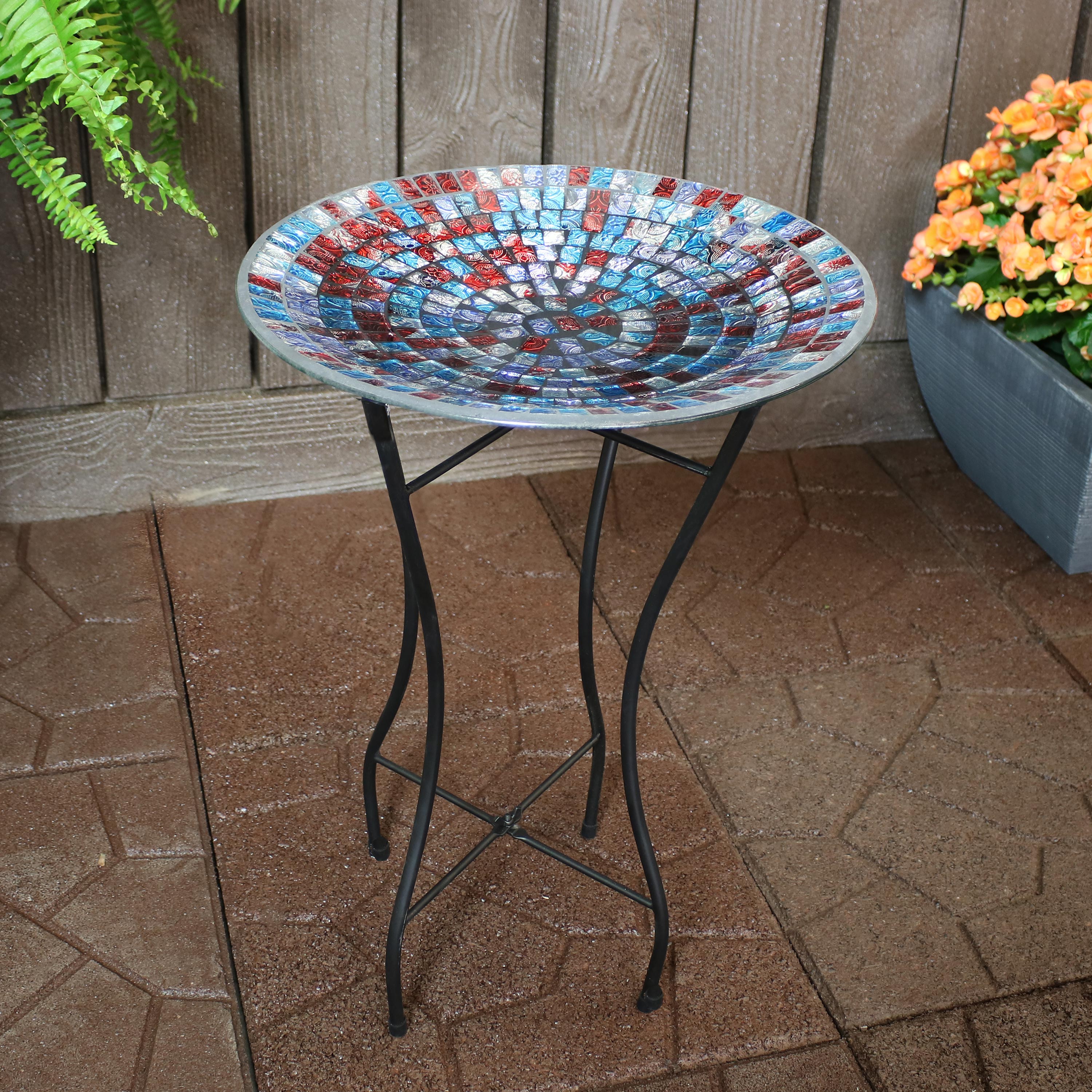 Sunnydaze Outdoor Garden Patio Bird Bath with Metal Stand and Multi-Colored Mosaic Tile Design Bowl - 14"