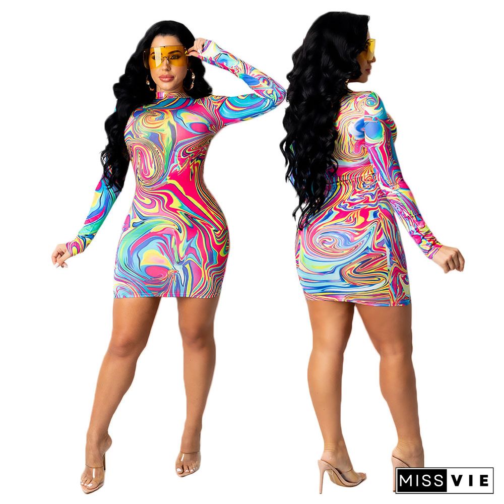 Fashion Printed Women Sexy Long Sleeve Round Neck Pack Hip Nightclub Party Bodycon Mini Dress