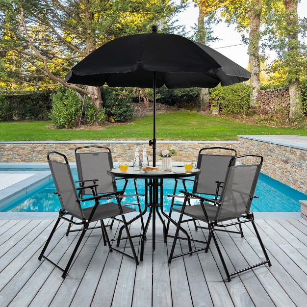 Tangkula 6pcs Patio Garden Dining Set W Round Table amp 4 Folding Chairs amp Tiltable Umbrella