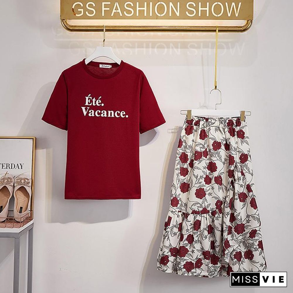 Elegant Letter Tee+Floral Skirt P11380