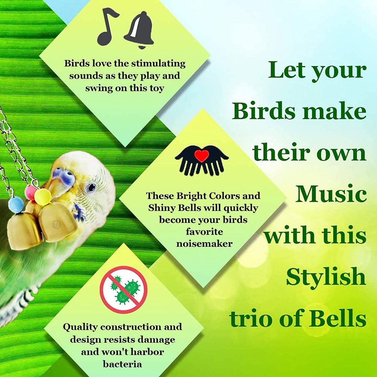 SunGrow Parrot Hanging Ring Bell Bird Toys Cage Accesories， 3 count， 7.9-inch