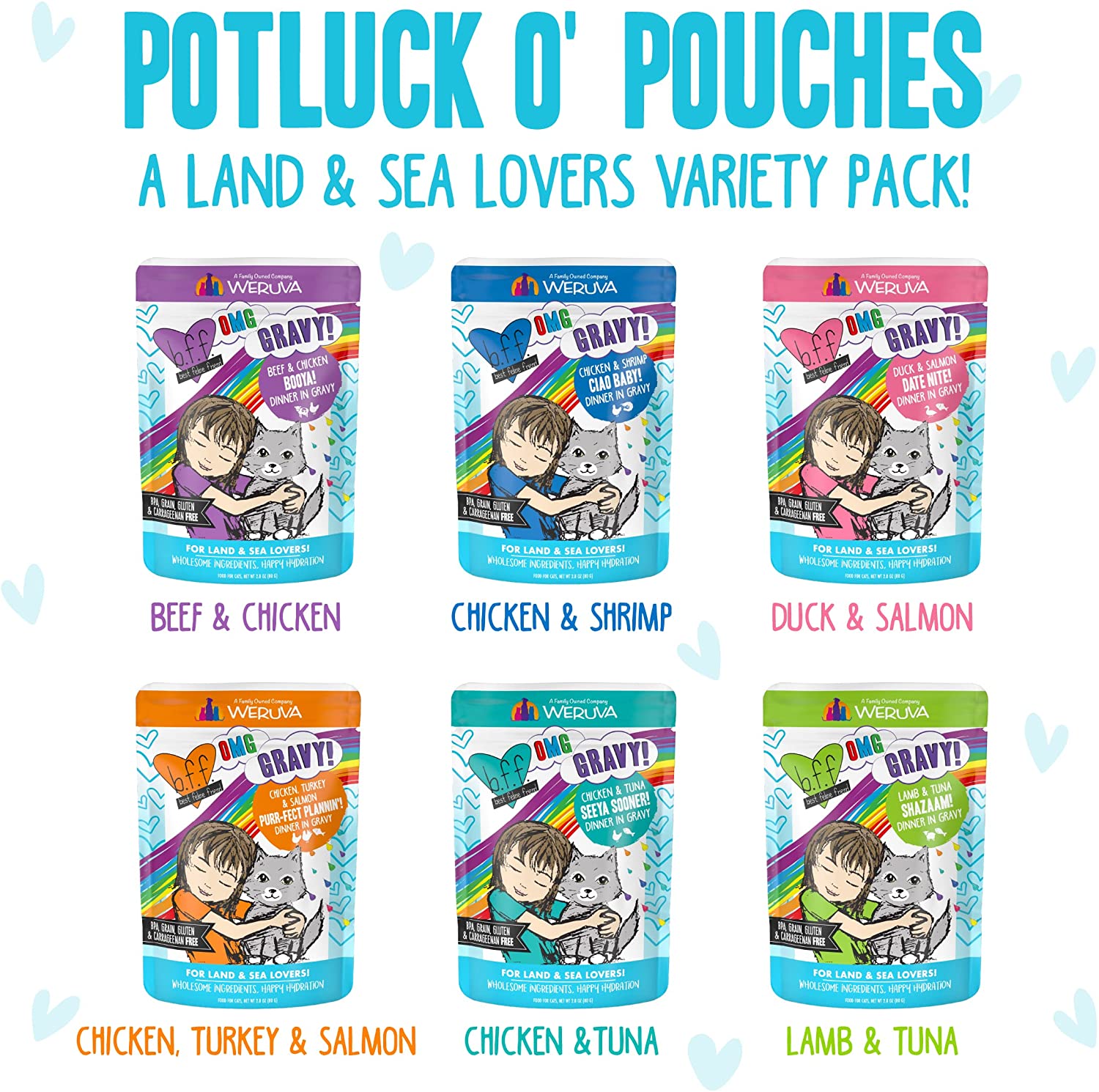 Weruva Wet Cat Food B.F.F. Omg - Best Feline Friend Oh My Gravy!， Variety Pack， Potluck O' Pouches， 2.8Oz Pouches (Pack Of 12)