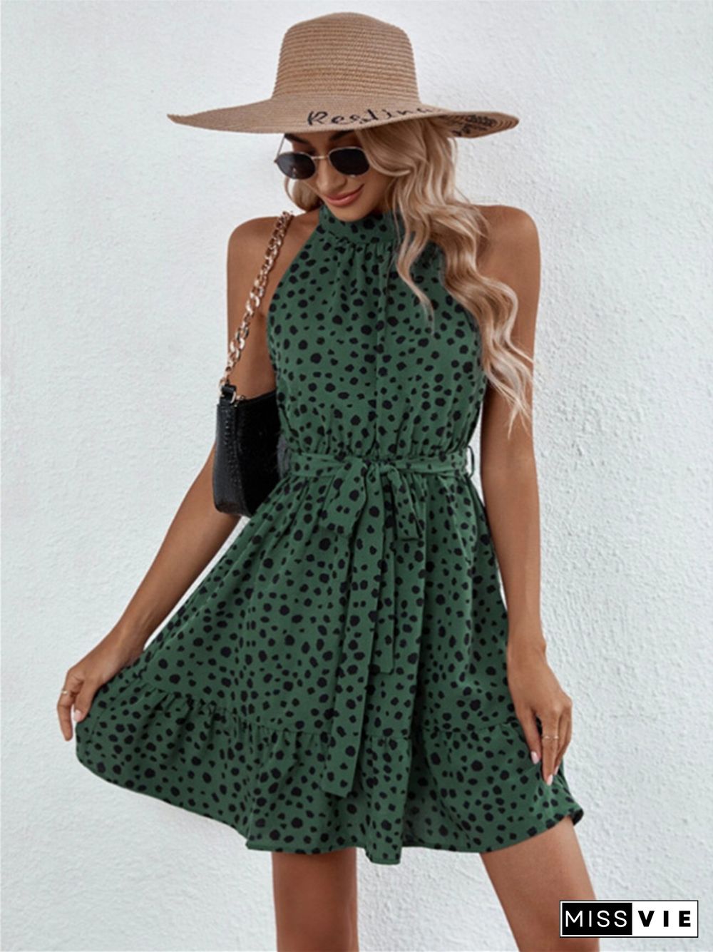 Ruffled Neck Sleeveless Strap Dress Skirt