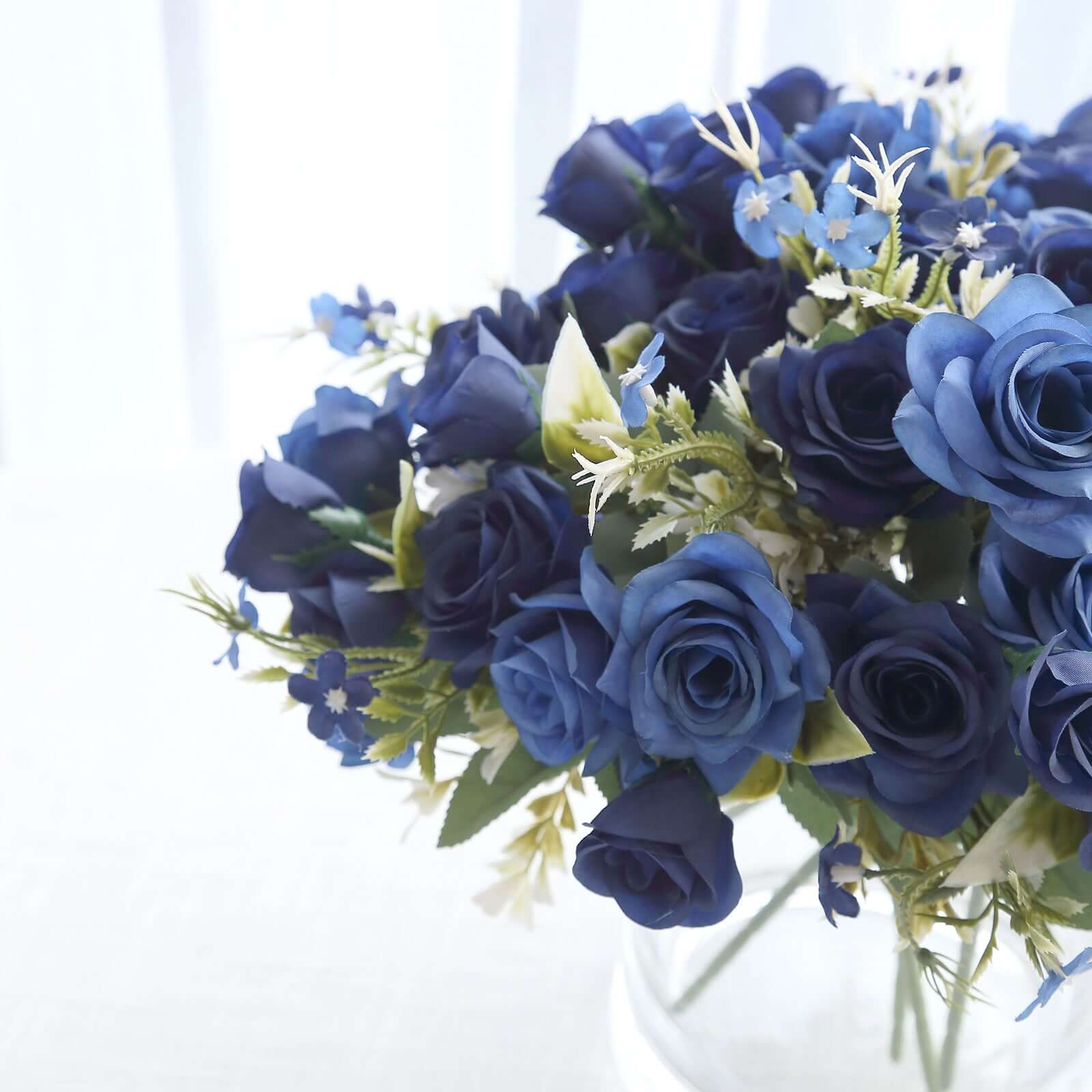 4 Bushes Navy Blue Real Touch Artificial Silk Rose Bridal Bouquet, Faux Flowers 12