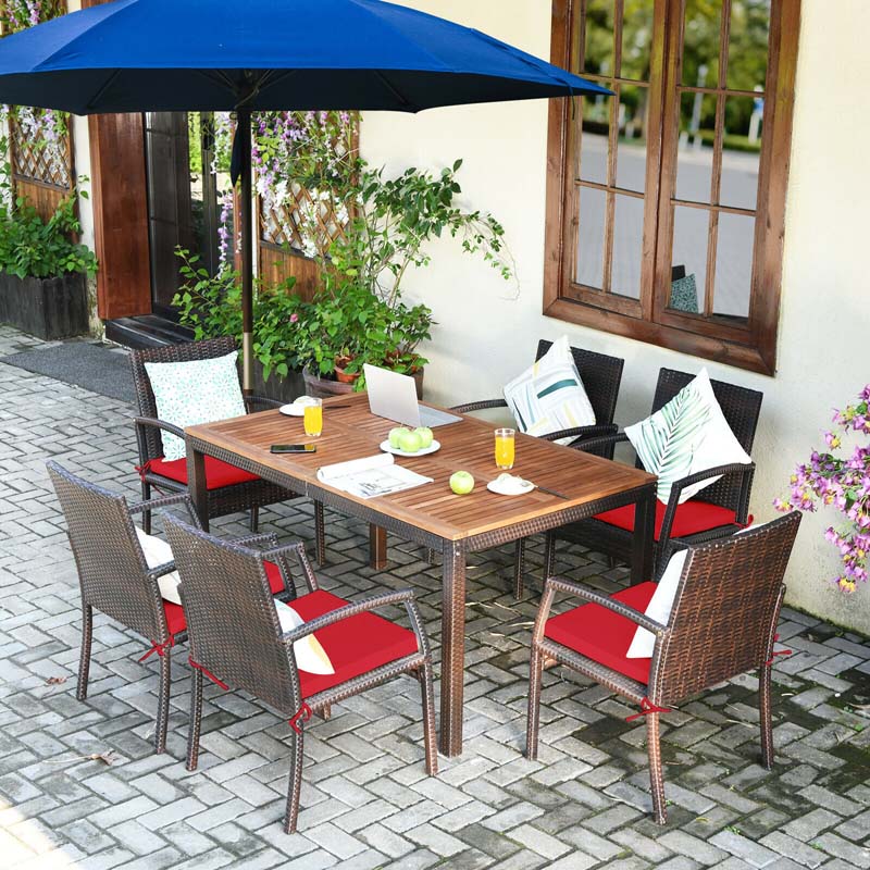 7 Pcs Rattan Patio Dining Set with Umbrella Hole, Acacia Wood Tabletop, Cushioned Chairs