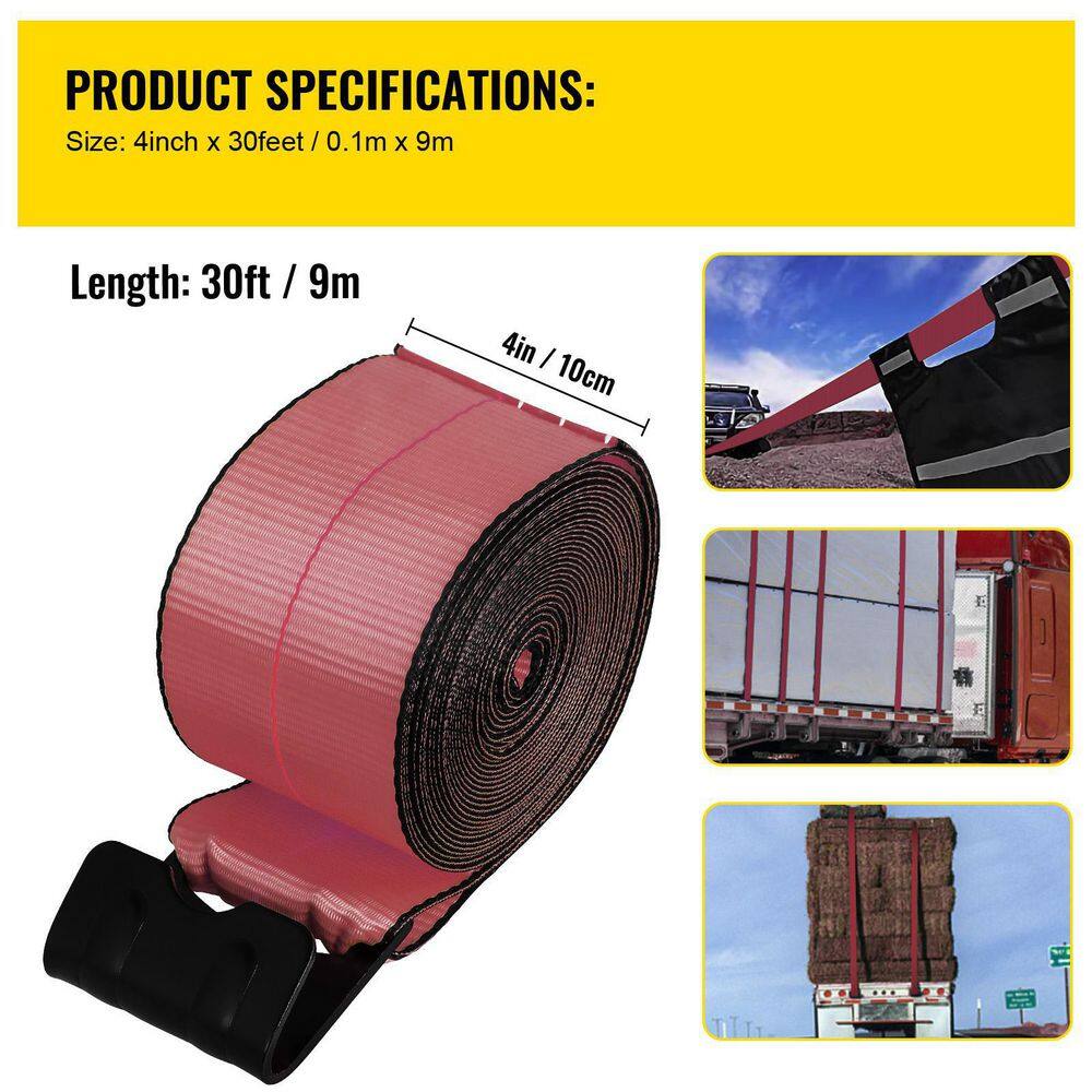 VEVOR Winch Straps 15400 lbs. Load Capacity Heavy Duty Flatbed Straps 4 in. x 30 ft. with a Flat Hook (Red 10-Pack) HSJDPGB4X3010L6TDV0