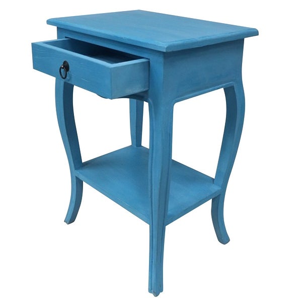 Paris - Side Table With A Single Drawer And Shelf - Solid Mindy Wood - Natural Wood Finish - Antique Blue Finish