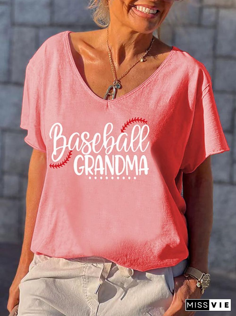 Baseball Grandma Print Loose Leisure T-Shirt