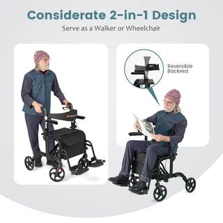 Costway 4-Wheel Folding Rollator Walker with Seat and 8 in. Wheels Supports up to 300 lbs. in Black JH10001BK