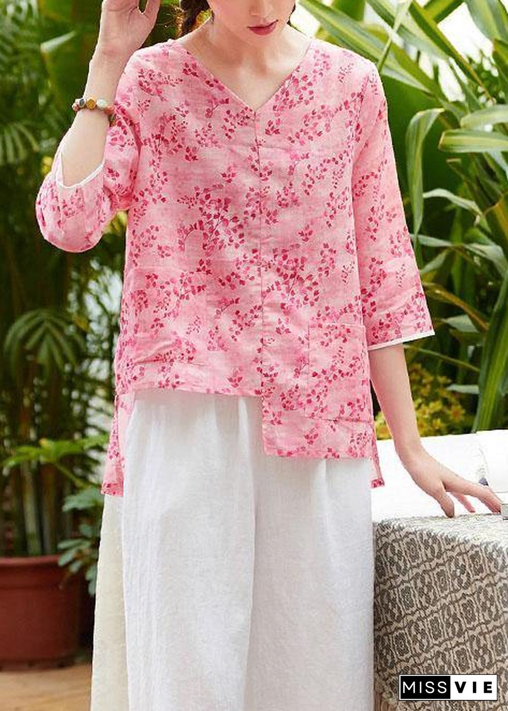 Unique v neck asymmetric linen tops women Shirts pink print blouses summer