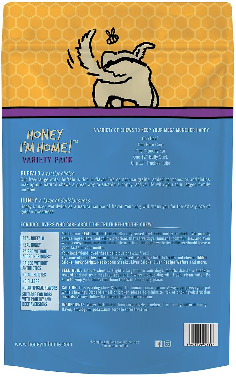 Honey I'm Home! Mega Muncher Variety Pack Natural Honey Coated Buffalo Chews Grain-Free Dog Treats， 5 count