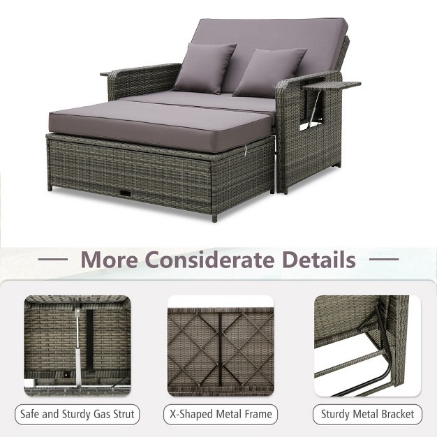 Tangkula Patio Daybed Set Rattan Loveseat Sofa Set W Adjustable Backrest Gray Cushions