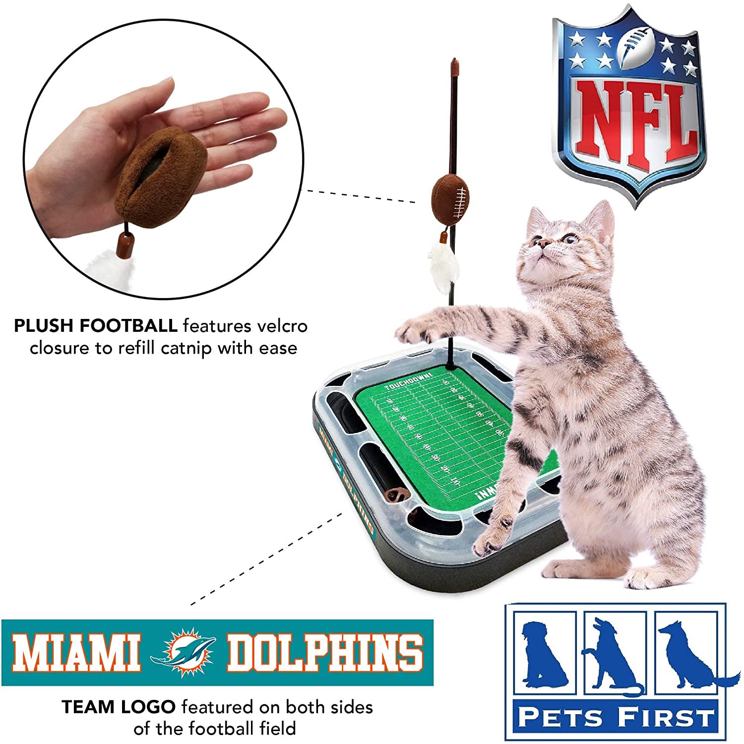 NFL Miami Dolphins Cat Scratcher Toy with Catnip Plush and Feather Cat and Kitty Toy