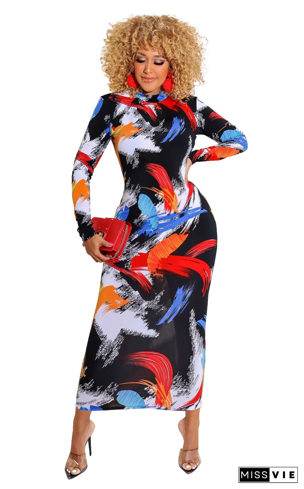 Graffiti Printing Zipper Long Sleeve Bodycon Dress