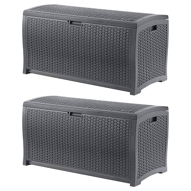 Suncast 73 Gallon Medium Wicker Indoor outdoor Storage Boxes For Garden Tools Pool Accessories And Patio Cushions Cyberspace 2 Pack