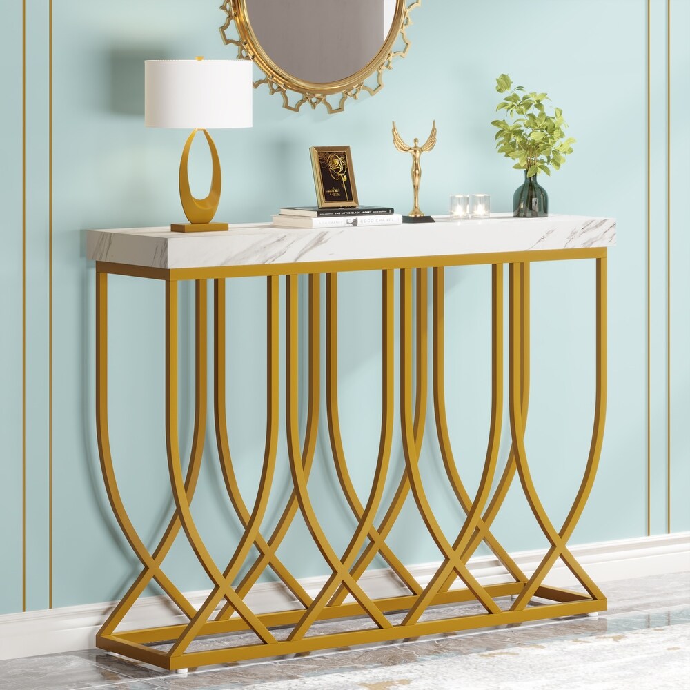 Faux Marble Console Table  39.4 in Modern Entryway Table with Gold Geometric Legs