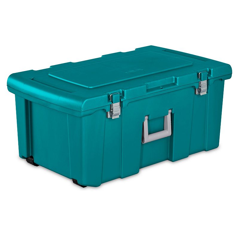 Sterilite 16 Gallon Lockable Footlocker Toolbox Container Box with Wheels， Teal