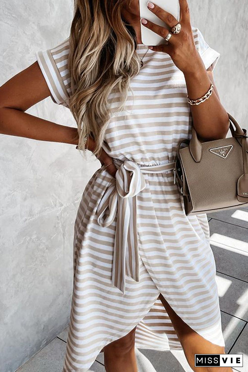 Khaki Stripe Short Sleeve Belted Wrapped Hemline T-Shirt Dress