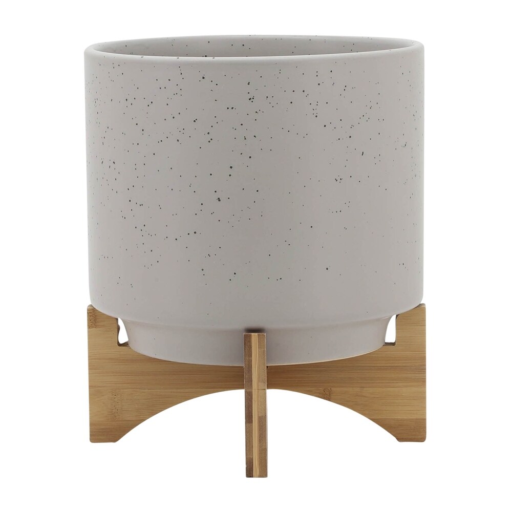 Matte Beige Grey Handmade Planter with Natural Wood Stand