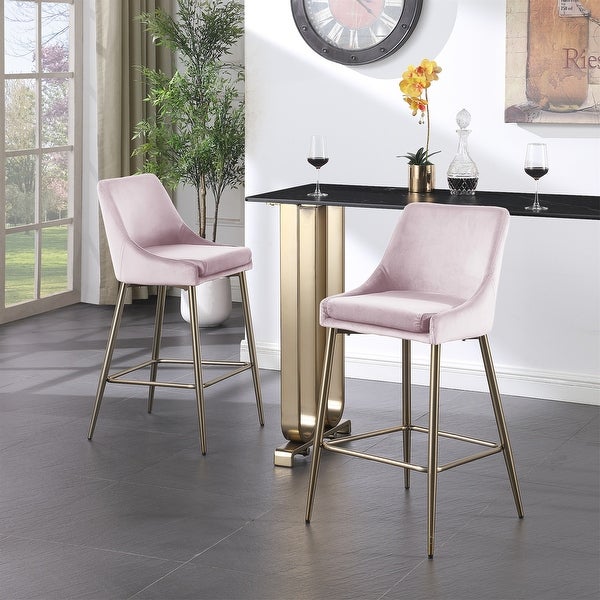 Set of 2 Velvet with Gold Metal Legs and Foot Rest Upholstered Counter Stool