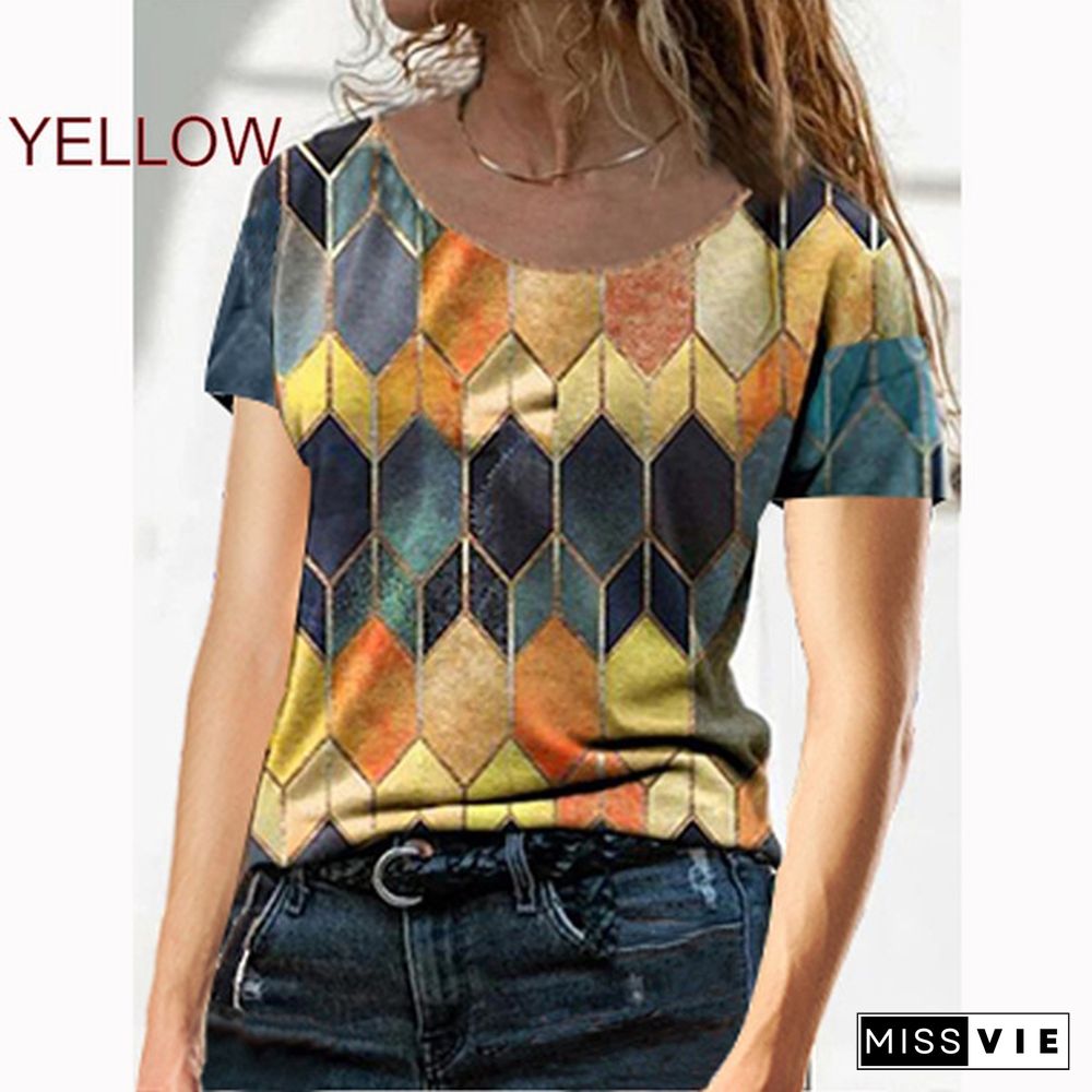 Women's Fashion Short Sleeved Round Neck T Shirt Summer Spring Painting Shirt Top Casual Loose Plus Size Blouse XS-8XL