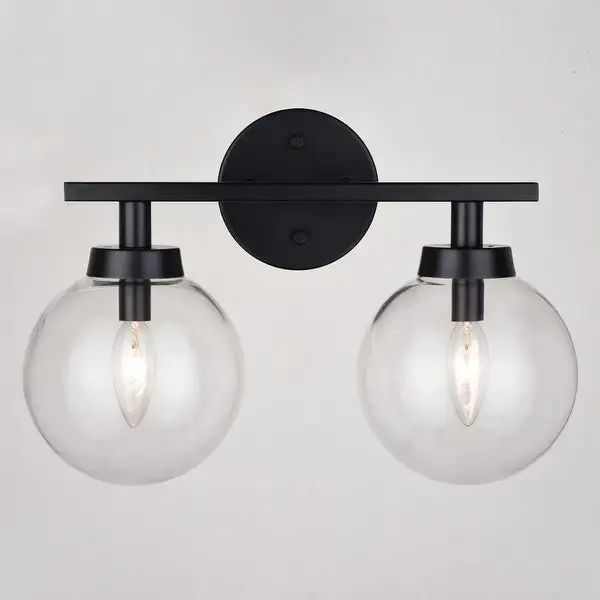 Lander Matte Black Bathroom Vanity Wall Fixture with Clear Glass Globes