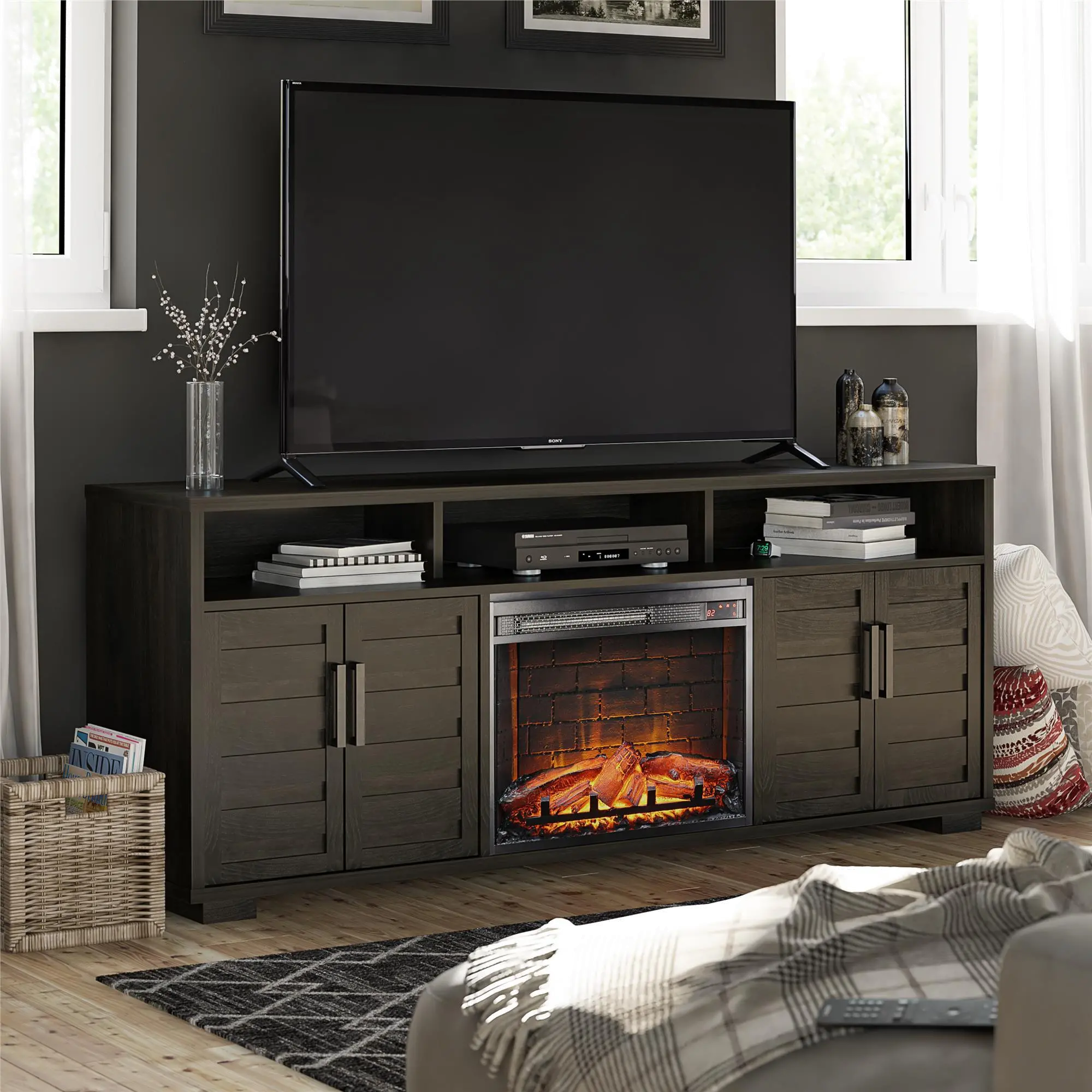 Flintrock Espresso 75 TV Stand with Electric Fireplace