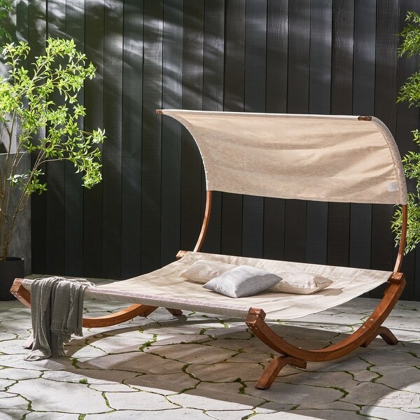 1Piece Solid Wood Outdoor Daybed with Two Pillows and Canopy