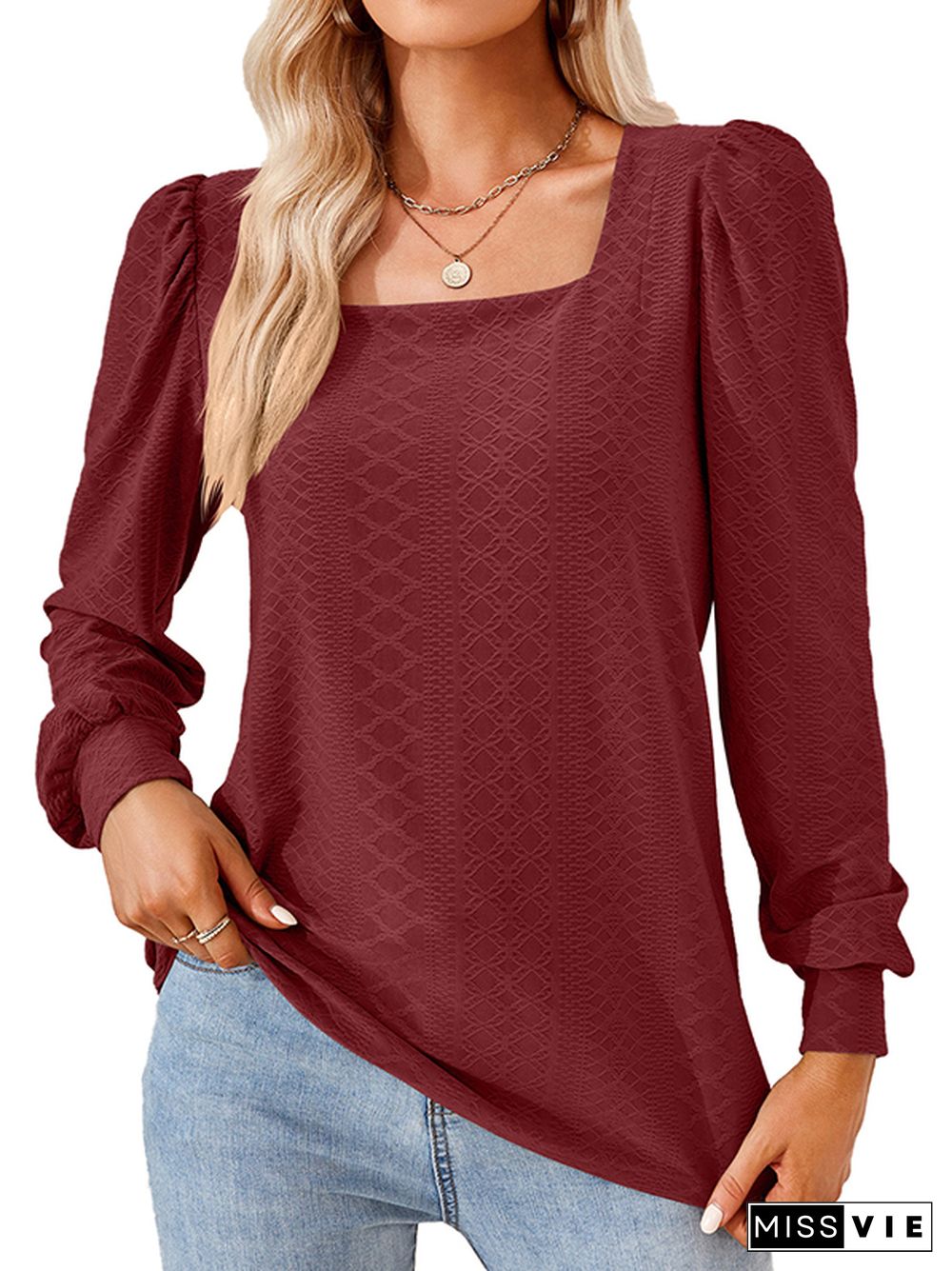 Loose Jacquard Solid Color Square-neck T-Shirts Tops