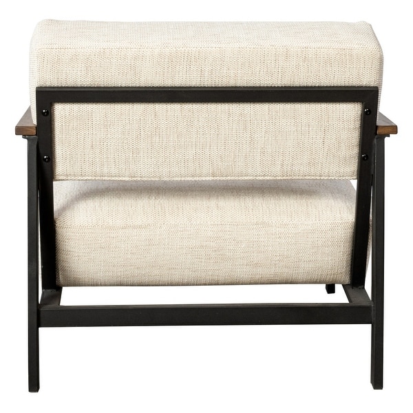 31 Inch Upholstered Accent Chair， Oak Wood Arms， Metal， Beige， Black