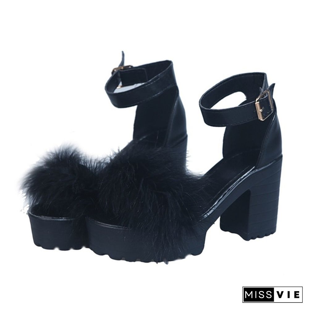 Plus Size 35-43 Spring/summer Women Faux Fur Sandals Open-toe High Heel Platform Buckle Slippers Plush Ladies Banquet Party Sandals