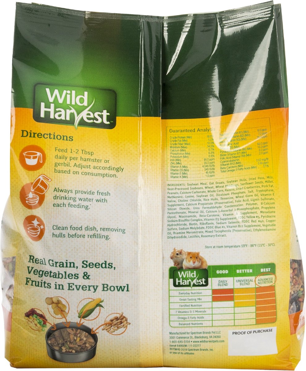 Wild Harvest Advanced Nutrition Complete and Balanced Diet Hamster and Gerbil Food， 4-lb bag