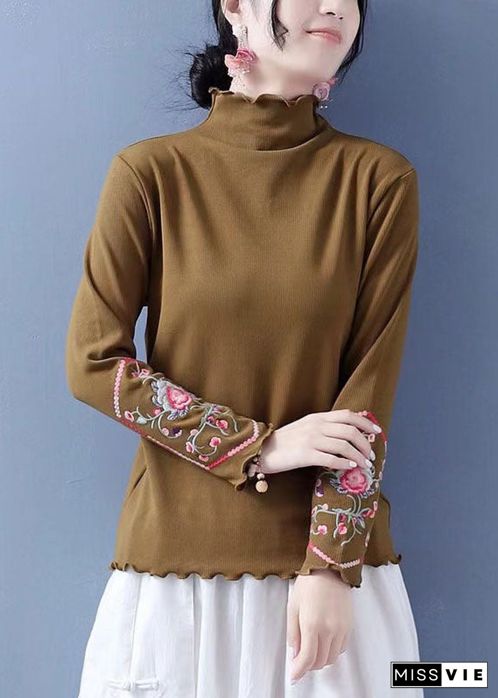 Slim Fit Khaki Ruffled Embroideried Cotton Blouses Spring